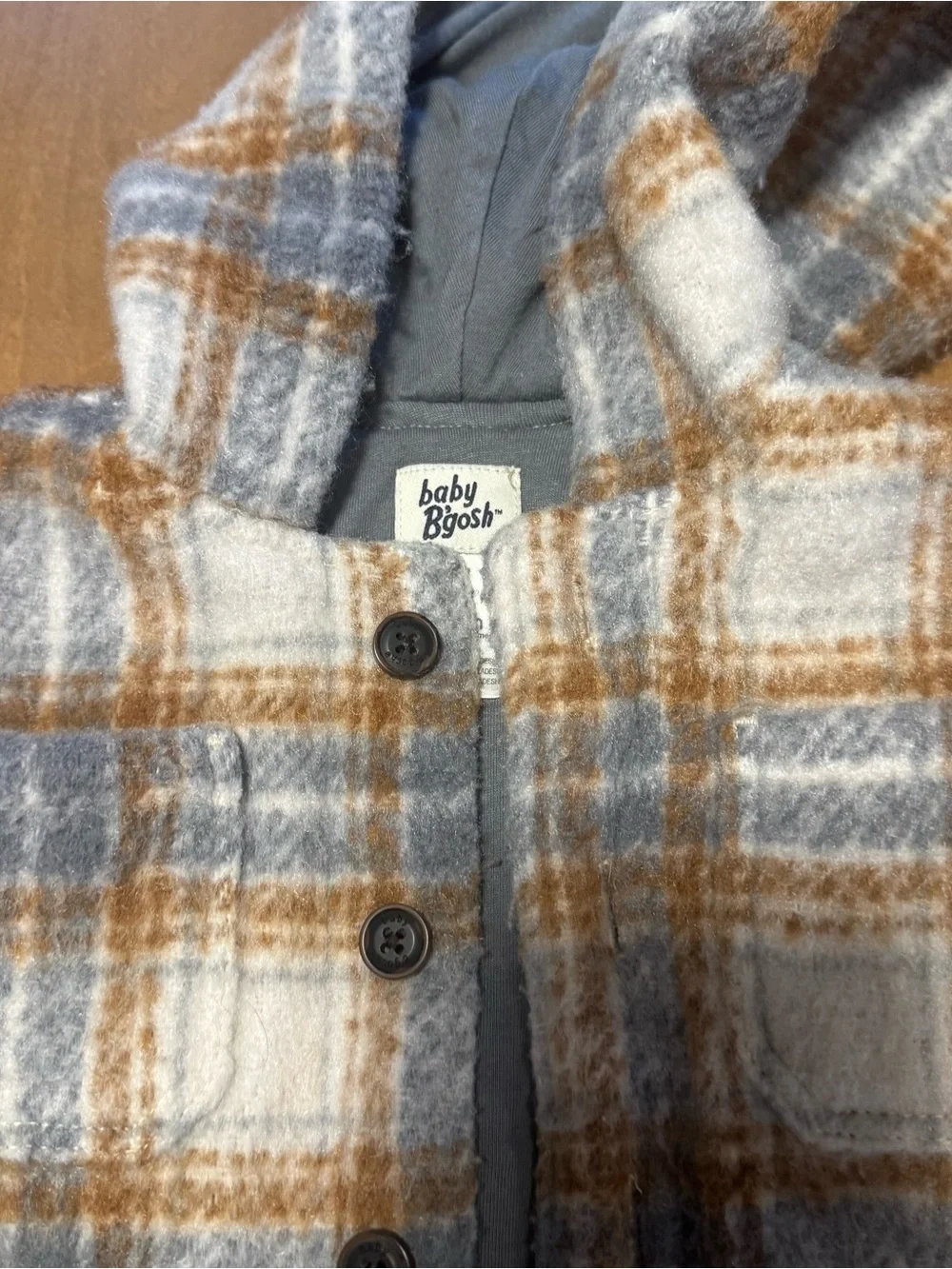 Baby B'gosh Hooded Plaid Puffer Jacket in Gray & Brown